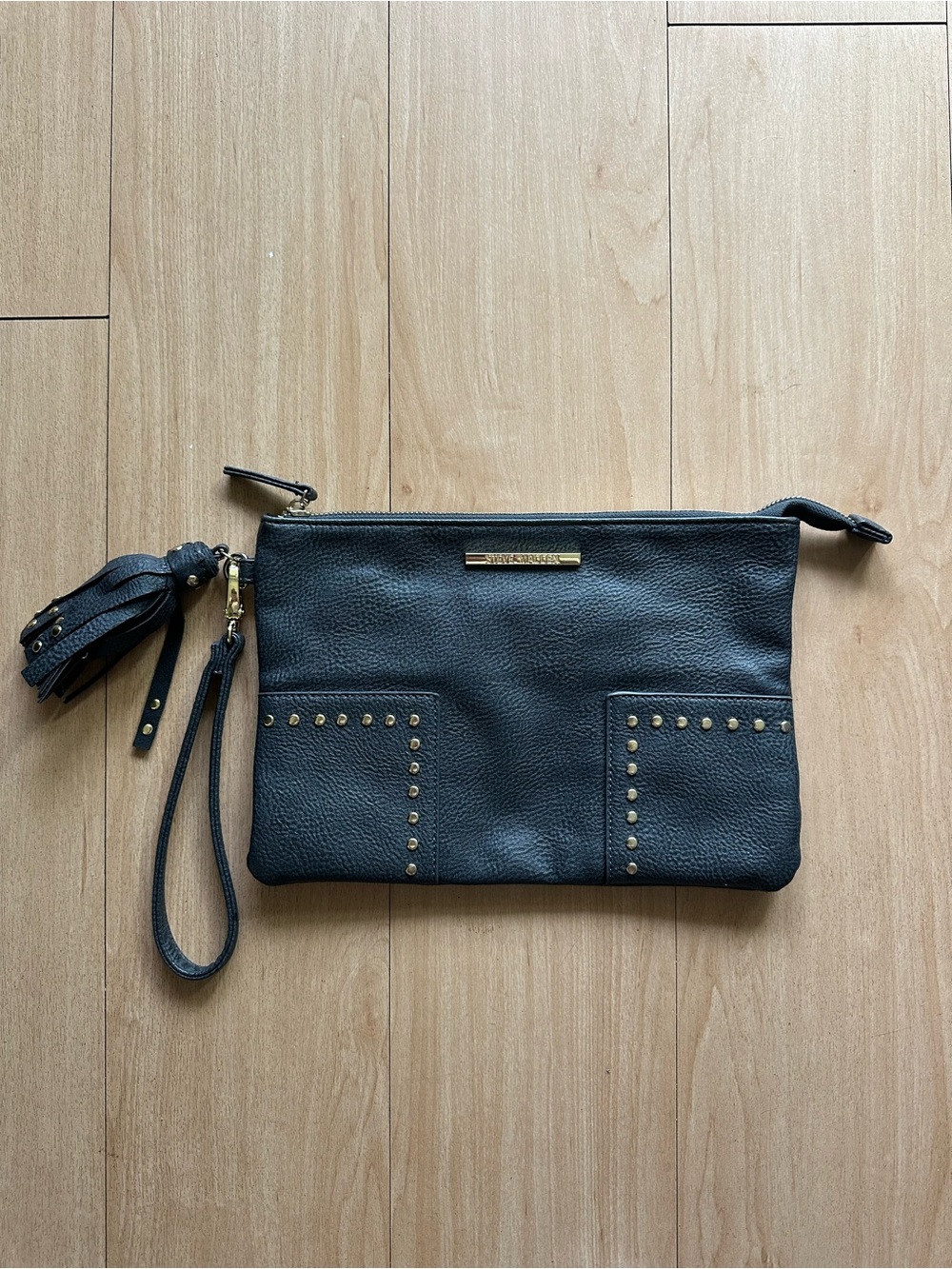 Steve Madden Black Studded Tassel Zip Wristlet Clutch, Pockets, Gold Hardware
